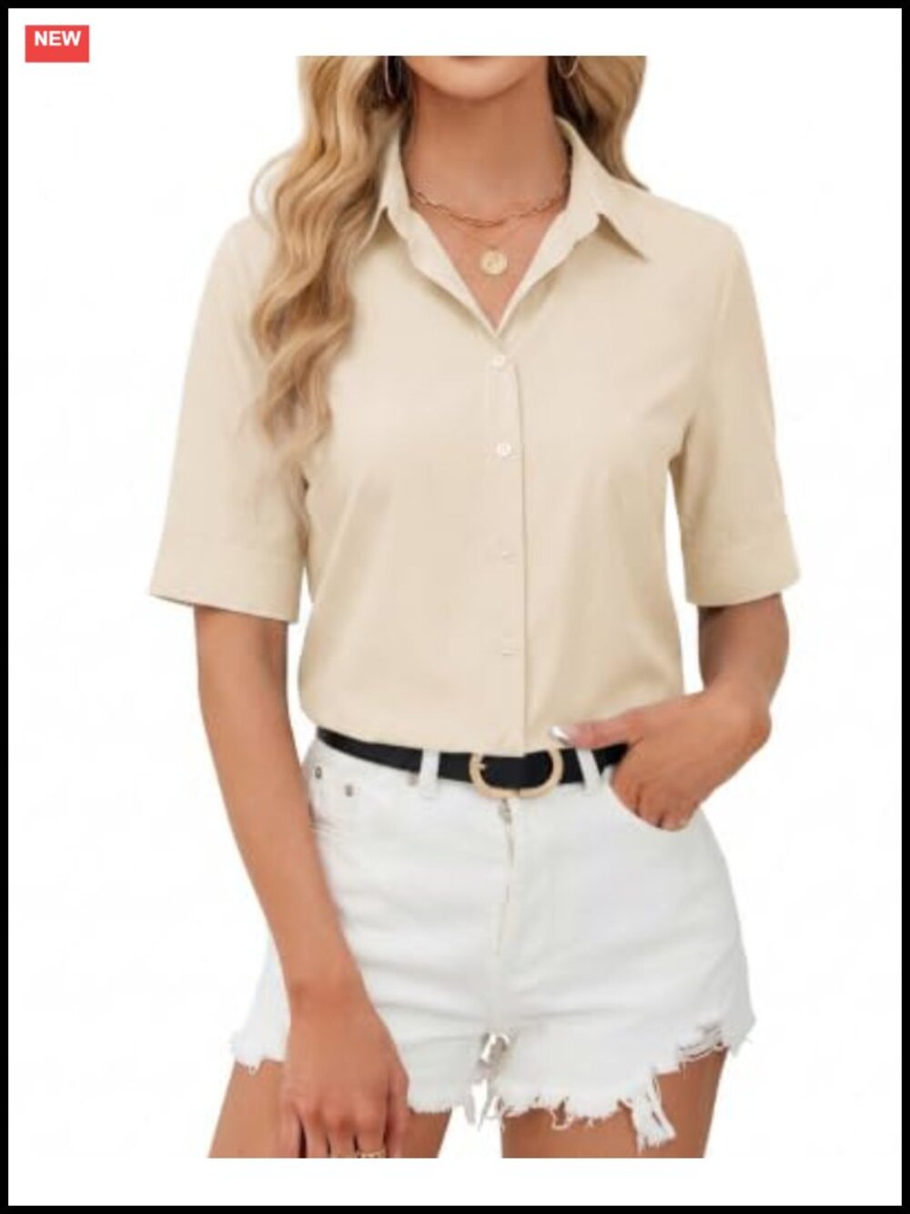 Womens Cotton Blend Button Down Shirt 3/4 Sleeve Collared Slim Fit Blouse